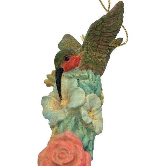 Hand-Painted Hummingbird Hanging Ornament With Flowers Multicolor Resin Design N - Picture 4 of 8